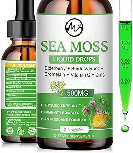 Sea Moss Liquid Drops - Irish Sea Moss 2000mg with Elderberry, Burdock Root, Bromelain, Vitamin C and Zinc - 98 Essential Minerals Seamoss Supplement for Immune, Joint, Digetion, Aging Support - 2oz