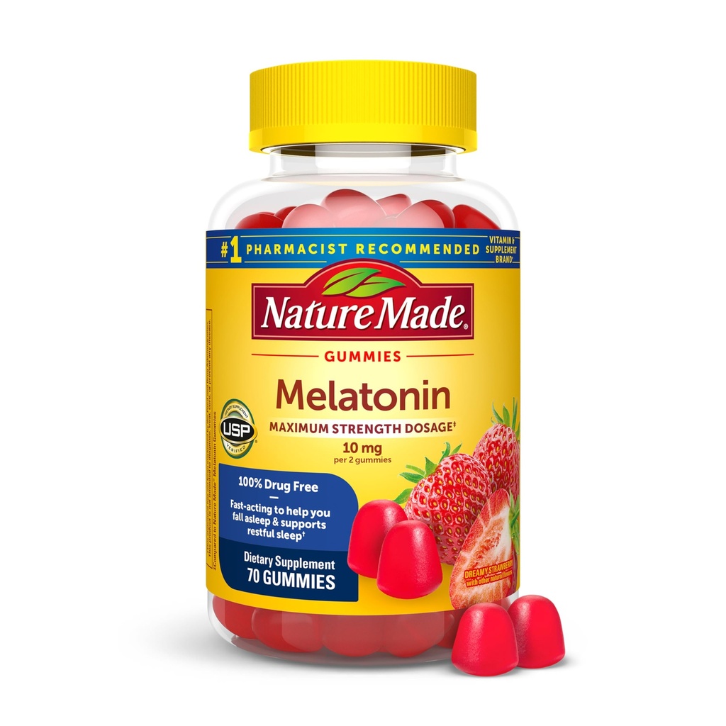 Nature Made Melatonin 10mg ανά μερίδα Gummies για ενήλικες, μέγιστη δύναμη Δοσολογία Βοήθεια για τον ύπνο, 100% Χωρίς φάρμακα, 70 Count Melatonin Gummies, 35 ημέρες προσφοράς