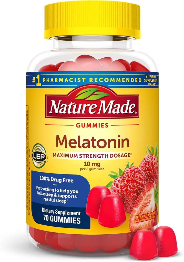 Nature Made Melatonin 10mg ανά μερίδα Gummies για ενήλικες, μέγιστη δύναμη Δοσολογία Βοήθεια για τον ύπνο, 100% Χωρίς φάρμακα, 70 Count Melatonin Gummies, 35 ημέρες προσφοράς