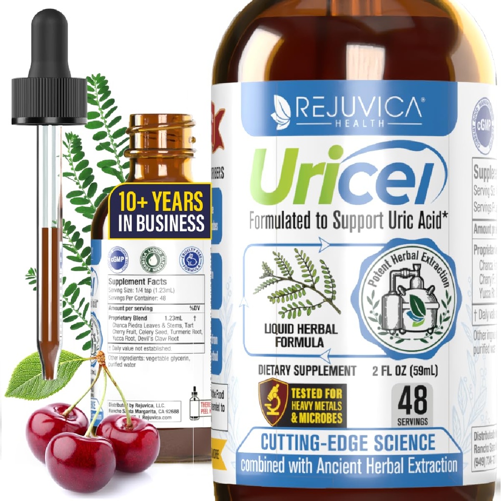 Uricel - Advanced Uric Acid Support & Cleanse Supplement - Κοινή & Παιδική Υποστήριξη - Υγρή Παράδοση για Καλύτερη Απορρόφηση - Tart Cherry, Chanca Piedra, Σπόροι σέλινου & Κουρκουμάς - 2 fl oz