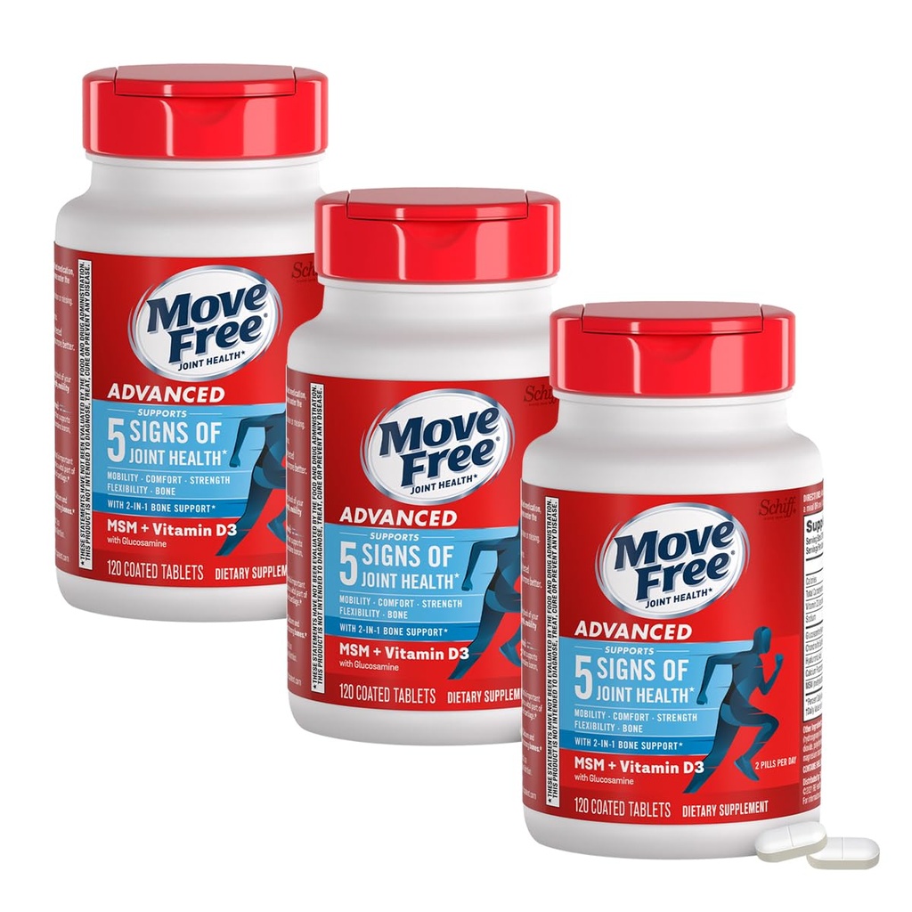 Μετακίνηση δωρεάν Advanced Glucosamine Chondroitin MSM + Βιταμίνη D3 Κοινό συμπλήρωμα υποστήριξης, υποστηρίζει την κινητικότητα Άνεση Δύναμη Ευελιξία & Οστά + Ανοσοποιητική Υγεία - Tablet, 3x120ct Φιάλες (120 μερίδες)*
