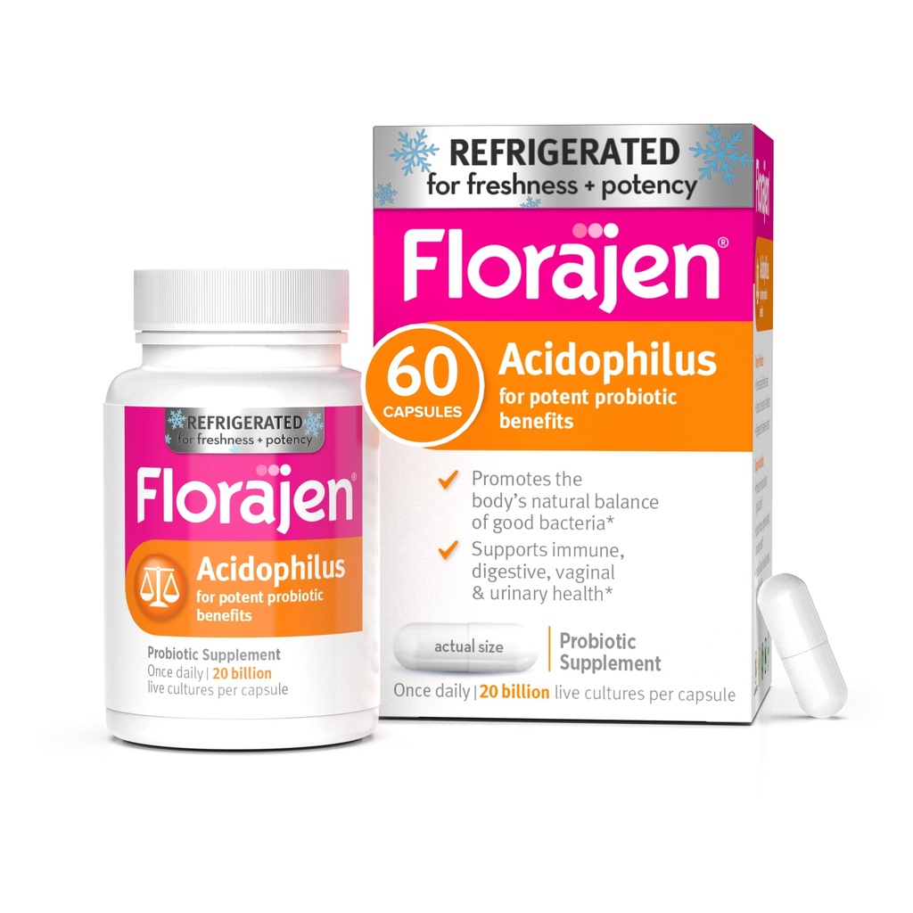 Florajen Acidophilus High Potency Ψυκτική Υποστήριξη Συνολική Υγεία, 20 δισεκατομμύρια CFUs για τα ισχυρά προβιοτικά οφέλη, Άγευστη, 60 κόμης