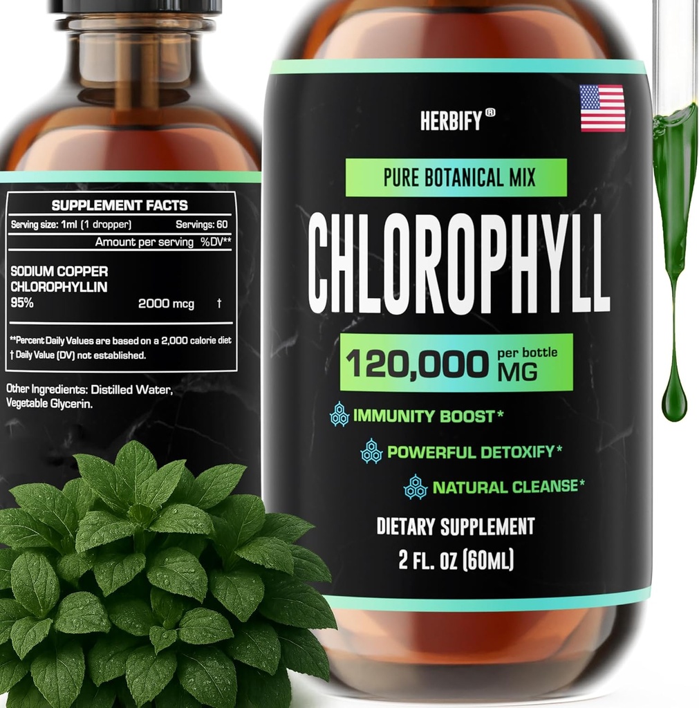 HERBIFY Chlorophyl Drops - Υγρή Χλωροφύλλη για Ενεργειακή Ενίσχυση & Υποστήριξη Ανοσοποιητικού Συστήματος - Made in USA - Χλωροφύλλη Υγρές σταγόνες για Αποτοξίνωση Σώματος, Εσωτερικό Αποσμητικό & Ενισχυμένο Δέρμα - 2 Oz