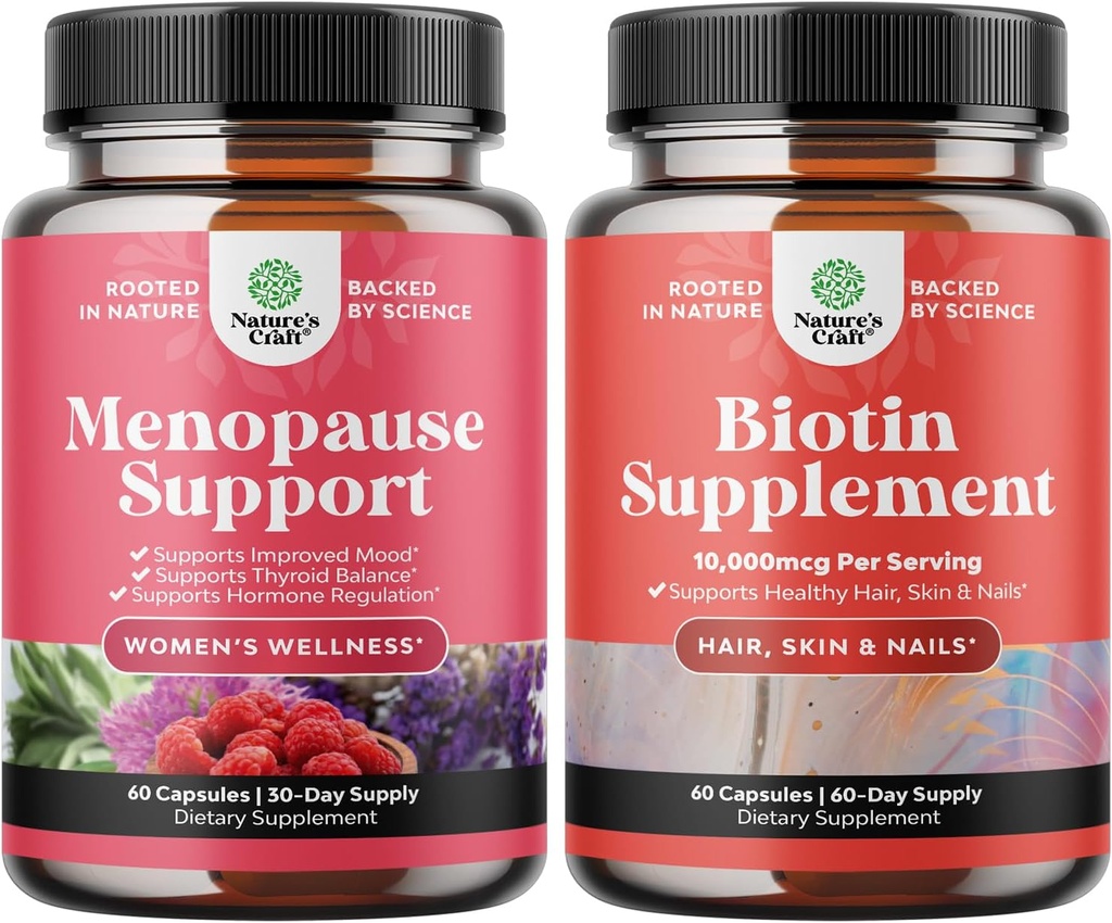 Bundle of Herbal Menopause Supplement for Women and 10000 mcg Pure Biotin Pills for Women & Men - Ιδανικό για την ισορροπία των οιστρογόνων - Stop Hair Loss Aminning Φυσικό συμπλήρωμα