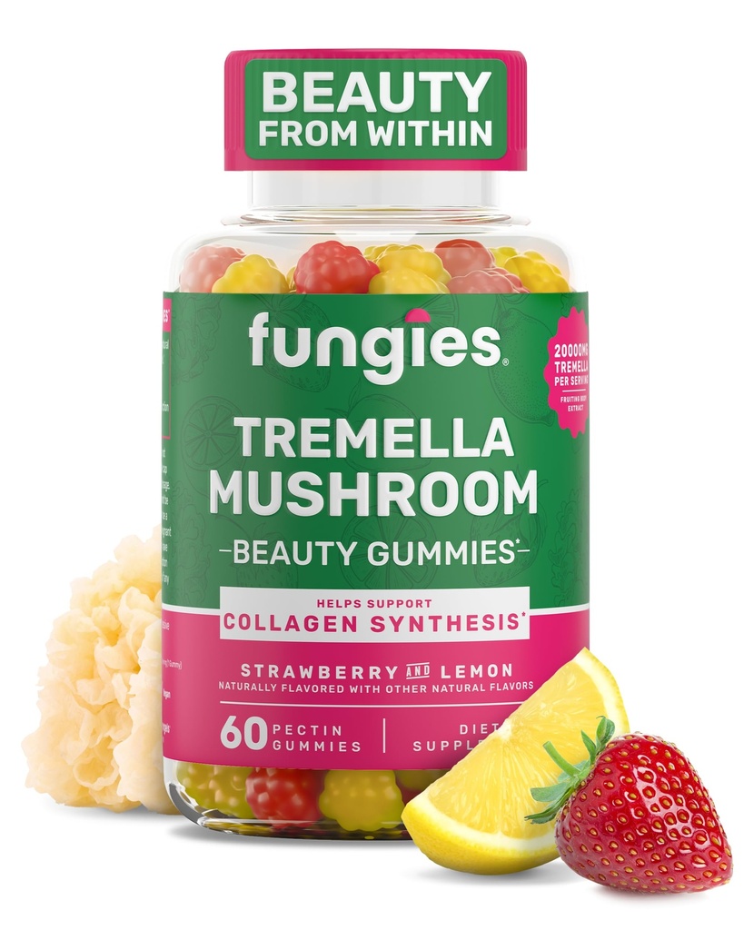 Fungies Tremella Mushroom Gummies, Μικτή Φράουλα & Γεύση Λεμονιού - Mushroom συμπλήρωμα βοτάνων Gummy για ενήλικες Υποστηρίζει Collagen σύνθεση, Υγιεινή δέρμα & υγιής γήρανση - Ομορφιά Gummies 60 Υπηρεσίες