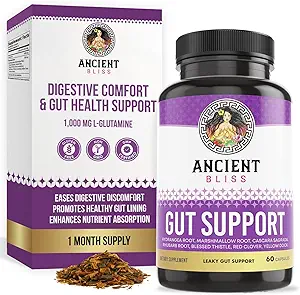 Ancient Bliss Leaky Gut Supplement, L Κάψουλες Γλουταμίνης για την υποστήριξη των ούρων με ευλογημένη Thustle και Hydrangea Root, Vegan και μη ΓΤΟ, 60 κάψουλες