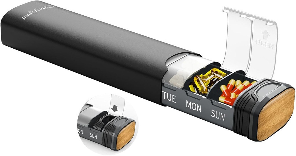 Μεταλλικό Weekly Pill Organizer, Serfeymi Αλουμινίου καθημερινή κουτί χάπι (Spare Gasket Παρέχεται), 7 υπόθεση χάπια ημέρας Travel Medicine Organizer, Pill εμπορευματοκιβώτια με ατομικό Lid για βιταμίνες, χάπια, συμπλήρωμα μαύρο