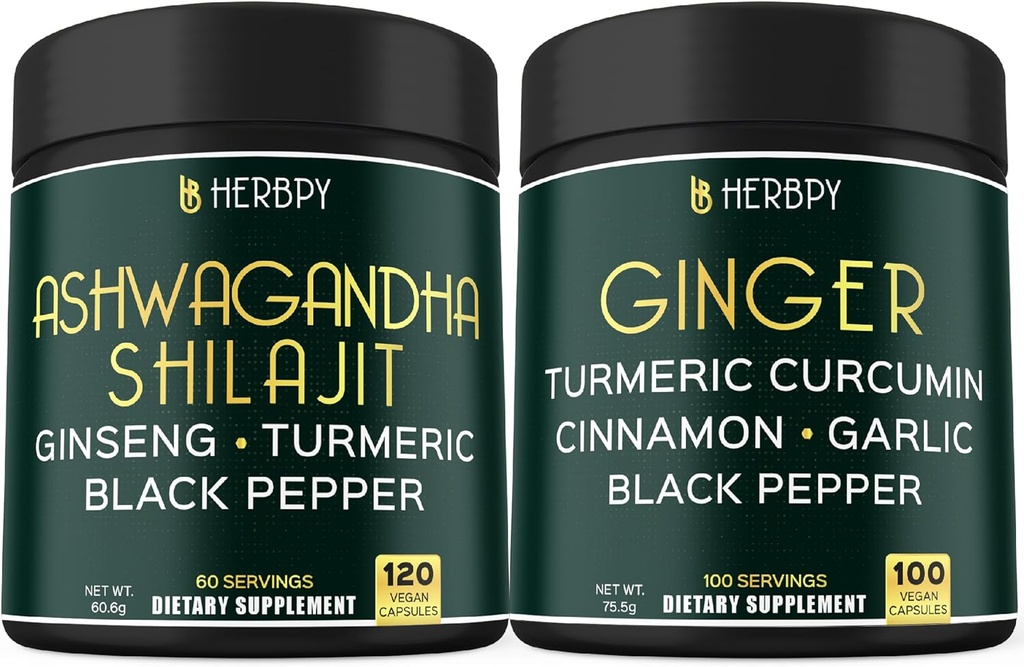 Bundle 5in1 Ashwagandha Shilajit & 5in1 συμπλήρωμα τζίντζερ - Υποστήριξη καρδιά, πέψη υγεία και ανοσοποιητικό