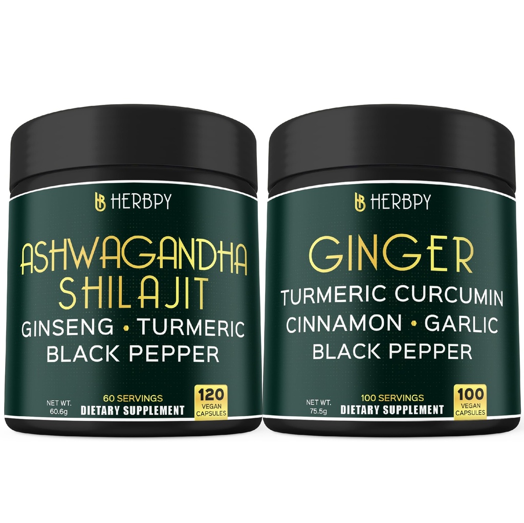 Bundle 5in1 Ashwagandha Shilajit & 5in1 συμπλήρωμα τζίντζερ - Υποστήριξη καρδιά, πέψη υγεία και ανοσοποιητικό