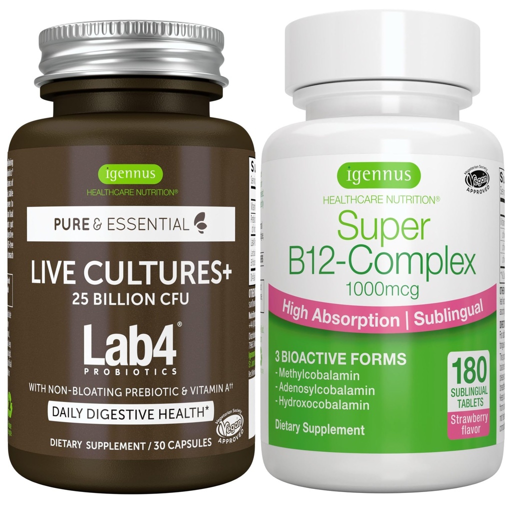 Ζωντανές κουλτούρες+ Lab4 Probiotics + Super B12-Complex, Vegan Bundle, 25 Billion CFU Lactobacillus Acidophilus και Bifidobacterium + Υψηλή Απορρόφηση Υπογλώσσια B12, από Igenus