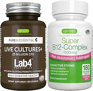 Live Cultures+ Lab4 Probiotics + Super B12-Complex, Vegan Bundle, 25 Billion CFU Lactobacillus Acidophilus and Bifidobacterium + High Absorption Sublingual B12, by Igennus
