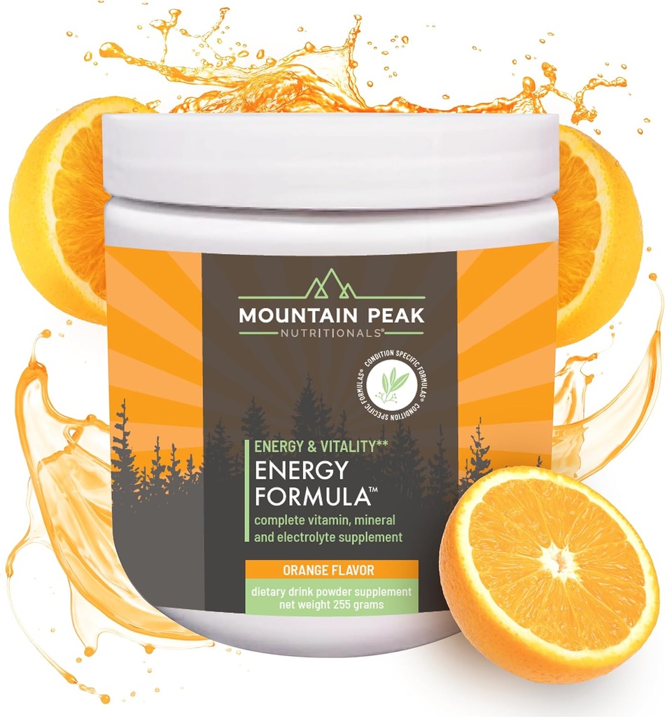 Mountain Peak Nutritionals Energy Formula - All in One Multi-Mineral Powder - Complete Nutrition, Vitamin, Mineral, and Electrolyte Supplement for Men & Women - Orange Flavor (255g, 30 Servings)