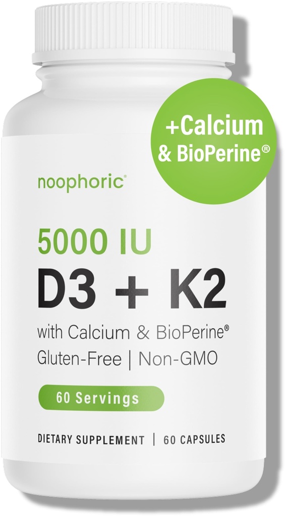 Noophoric D3 K2 Vitamin 5000 IU - Βιταμίνη K2 100 mcg MK7, Ασβέστιο, BioPerine - Υγεία των οστών & ανοσοποιητικό συμπλήρωμα υποστήριξης - Χωρίς γλουτένη, μη ΓΤΟ - Συμπλήρωμα βιταμίνης D3 K2 (60 σερβιέτες)
