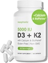 Noophoric D3 K2 Vitamin 5000 IU - Βιταμίνη K2 100 mcg MK7, Ασβέστιο, BioPerine - Υγεία των οστών & ανοσοποιητικό συμπλήρωμα υποστήριξης - Χωρίς γλουτένη, μη ΓΤΟ - Συμπλήρωμα βιταμίνης D3 K2 (60 σερβιέτες)