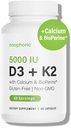 Noophoric Vitamin D3 K2 5000 IU, D3 with K2 MK7, Vitamin D3 K2 Capsules with Calcium and BioPerine, Non GMO Gluten Free Soy Free, 60 Capsules