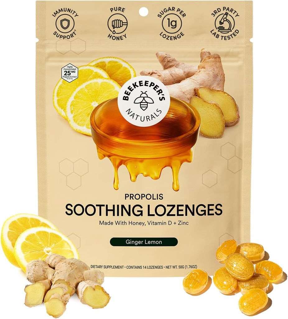 Μελισσοκομικά φυσικά Καταπραϋντικά Μέλι Ginger Lemon Cough Drops - Ανοσοποιητική υποστήριξη με βιταμίνη D, ψευδάργυρο και Propolis Λαρύγγι Καταπραϋντικό Lozenges, 14 Ct