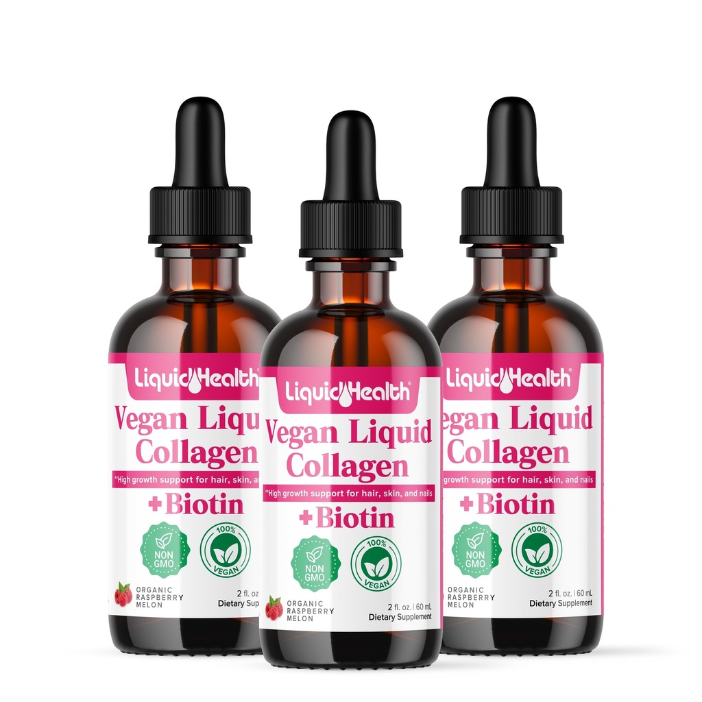 LIQUIDHEALTH 100% Vegan Collagen Plus Biotin 100.000mcg Υγρές σταγόνες - Φυτικό Υγρό Κολλαγόνο για γυναίκες & άνδρες - Hair & Nail Growth, Skin Health, Boosts Μεταβολισμός - Made in USA, Non-GMO (3 Pack)