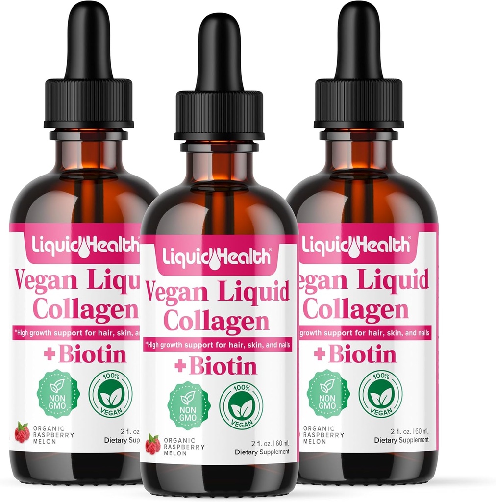 LIQUIDHEALTH 100% Vegan Collagen Plus Biotin 100.000mcg Υγρές σταγόνες - Φυτικό Υγρό Κολλαγόνο για γυναίκες & άνδρες - Hair & Nail Growth, Skin Health, Boosts Μεταβολισμός - Made in USA, Non-GMO (3 Pack)