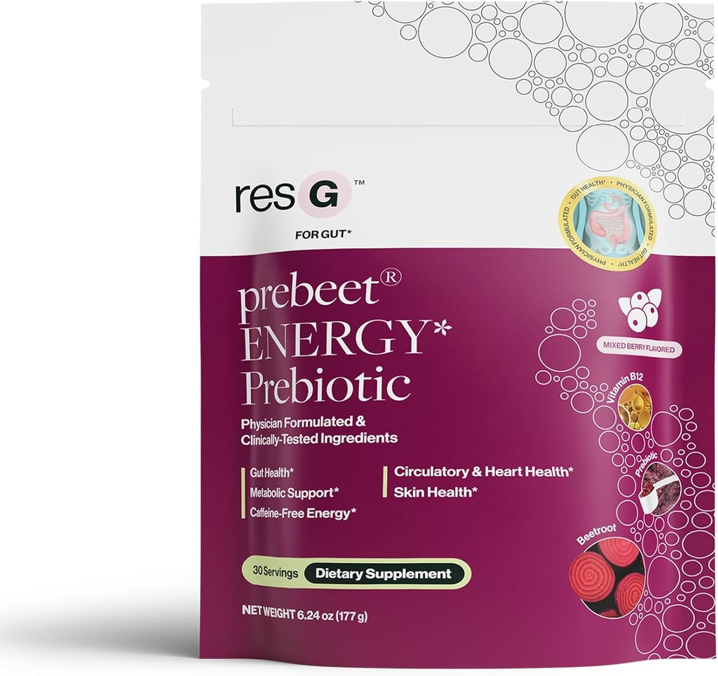 ResBiotic resG prebeet - Prebiotics Drink for Digestion, Occasional Constipation, Gas, Bloating with Akkermansia & GLP-1 Υποστήριξη w/Bet Root & Fiber, Gut Health for Women & Men - 180g (30 Services)