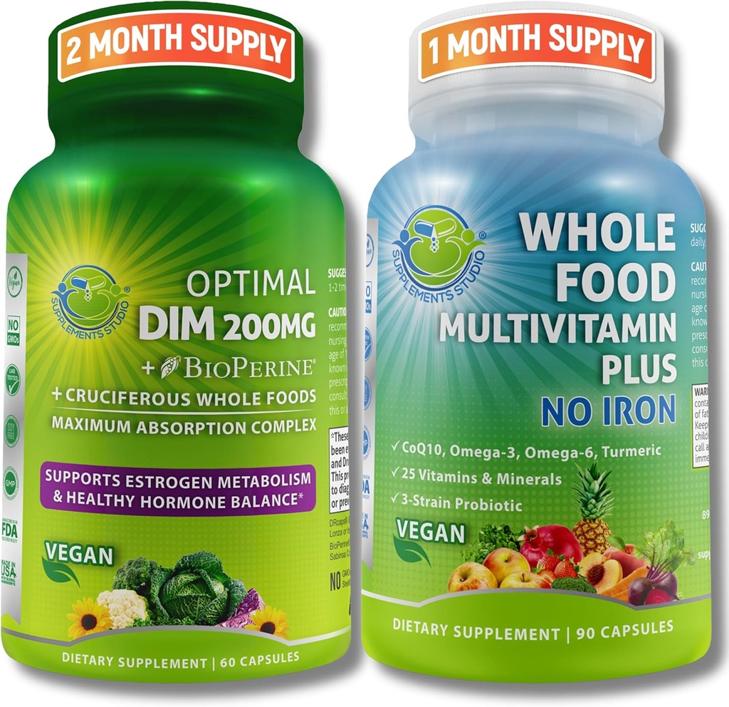 Vegan Multi-system Support with CoQ10, Omega-3, Probiotics & Turmeric - Βέλτιστη DIM 200mg με BioPerine & Crucefan λαχανικών & ολόκληρων τροφίμων Multivitamin Plus (χωρίς σίδηρο) για άνδρες & γυναίκες – Καθαρή ετικέτα