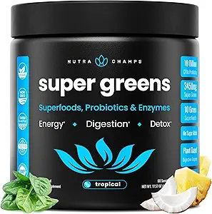 NutraChamps Super Greens Powder Premium Superfood | 20+ Organic Green Veggie Whole Foods | Wheat Grass, Spirulina, Chlorella | Antioxidant, Digestive Enzyme & Probiotic Blends (9.1 OZ, Tropical)