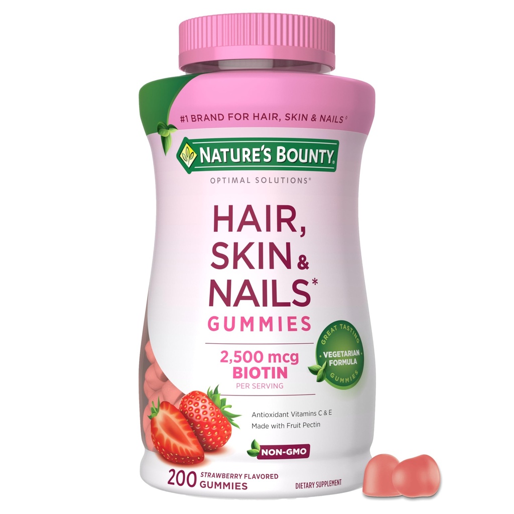 Nature's Bounty Optimal Solutions Μαλλιά, δέρμα και νύχια Pectin Gummies, 2500 mcg Biotin Per Serving, No Stick Gummy, Χορτοφαγική Φόρμουλα, Φράουλα Γεύση, 200 μέτρα, 100 Σύνολο Υπηρεσίες
