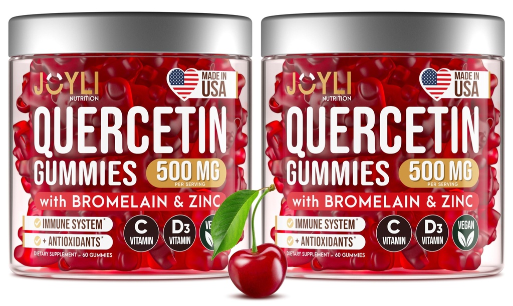 2 Pack - JOYLI Quercetin Gummies με Bromelain, ψευδάργυρο, βιταμίνη C & D3 – συμπλήρωμα κουερσετίνης χωρίς ζάχαρη για ανοσοποιητική υποστήριξη & εποχική ευεξία – 500mg Quercetin για παιδιά και ενήλικες – 60 Gummies ανά συσκευασία