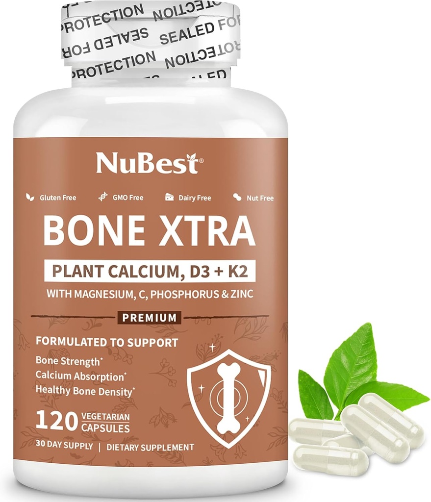 NuBest Bone Xtra Plant Based Bone Strength Formula with Calcium, Magnesium from Marine Algae, Phosphorus, Vitamin C, K2, D3 