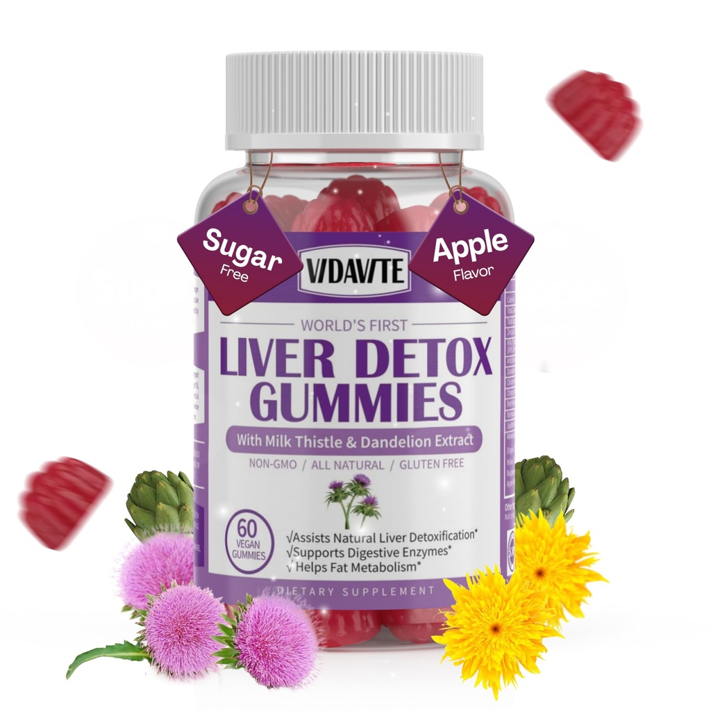 VIDAVITE Liver Cleanse Detox & Repair Gummies — Χωρίς ζάχαρη, US-Made, 1500mg συμπλήρωμα γαϊδουράγκαθου γάλακτος με Artichoke, Dandelion και 20+ βότανα — συμπλήρωμα στήριξης ήπατος για άνδρες και γυναίκες (60 Vegan Gummies)