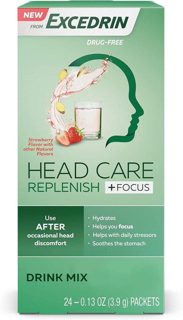 Excedrin Head Care Replenish Plus Focus From Excedrin Drink Mix with Electrolytes, L-Theanine, Ginger and Caffeine for Head Health Support - 24 Πακέτα
