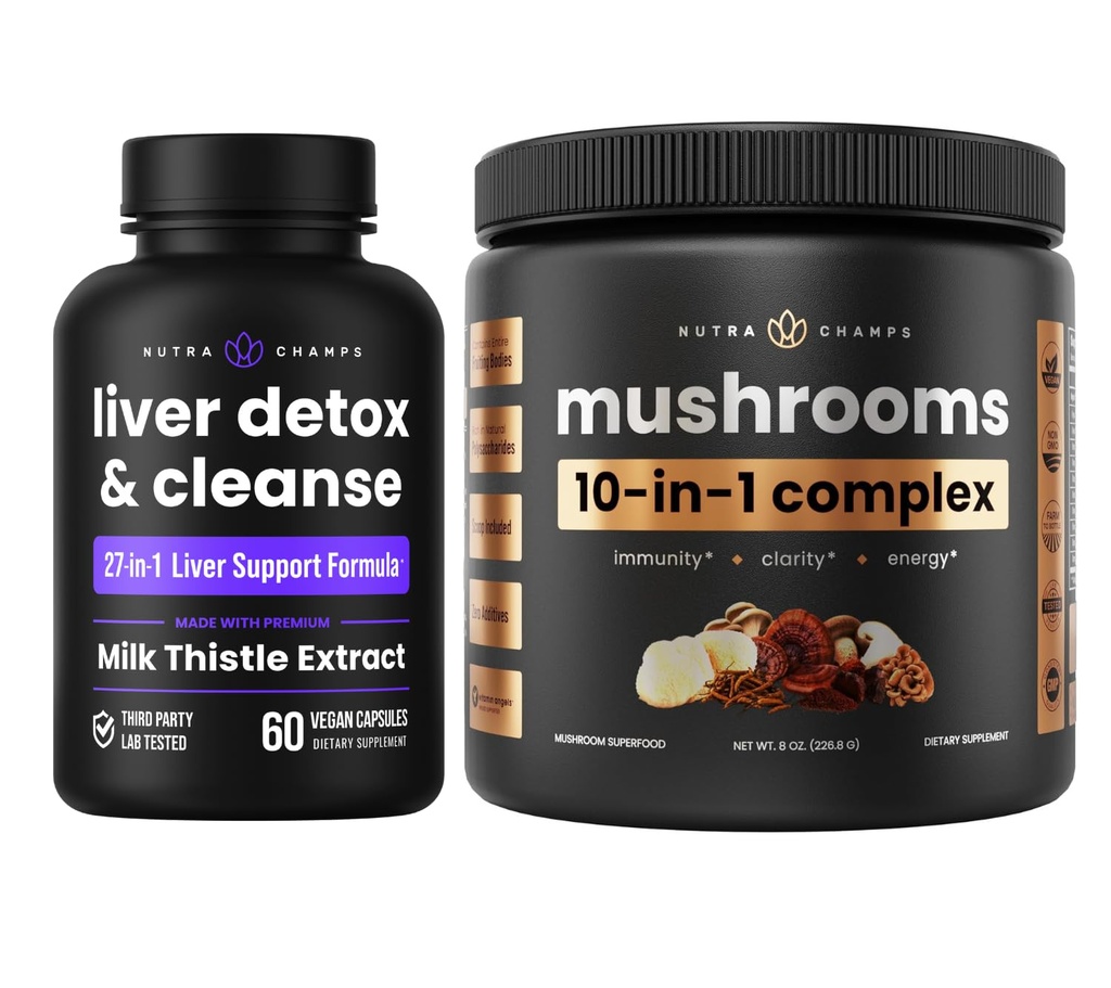 NutraChamps Liver Detox & Mushroom Powder - Γνωστικό, Detox & Immunity Bundle