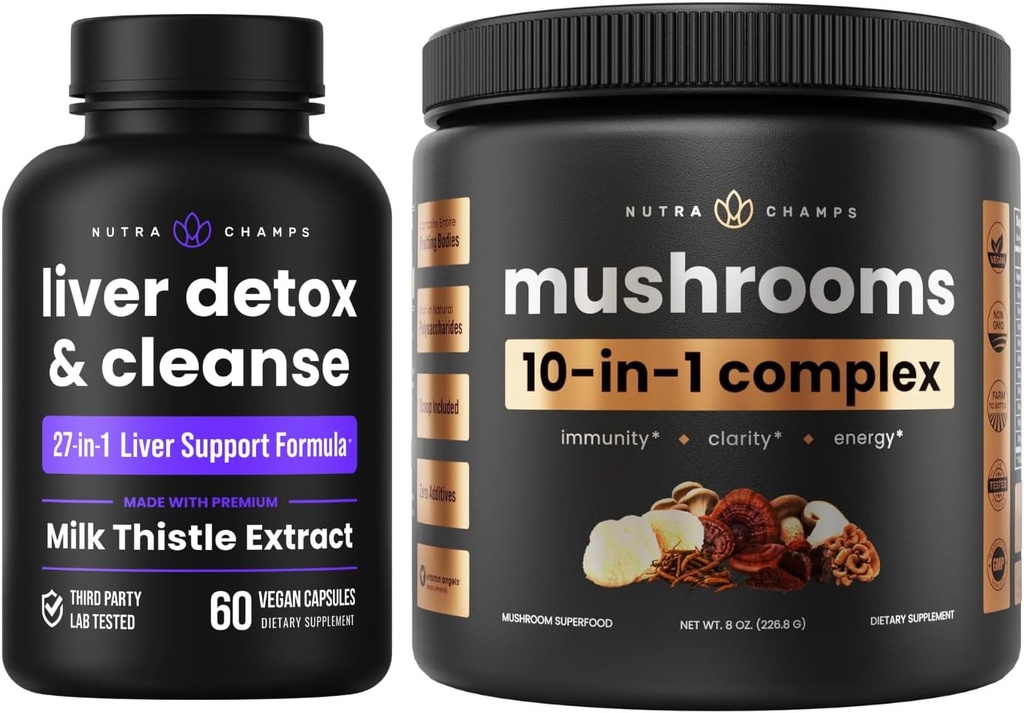 NutraChamps Liver Detox & Mushroom Powder - Γνωστικό, Detox & Immunity Bundle