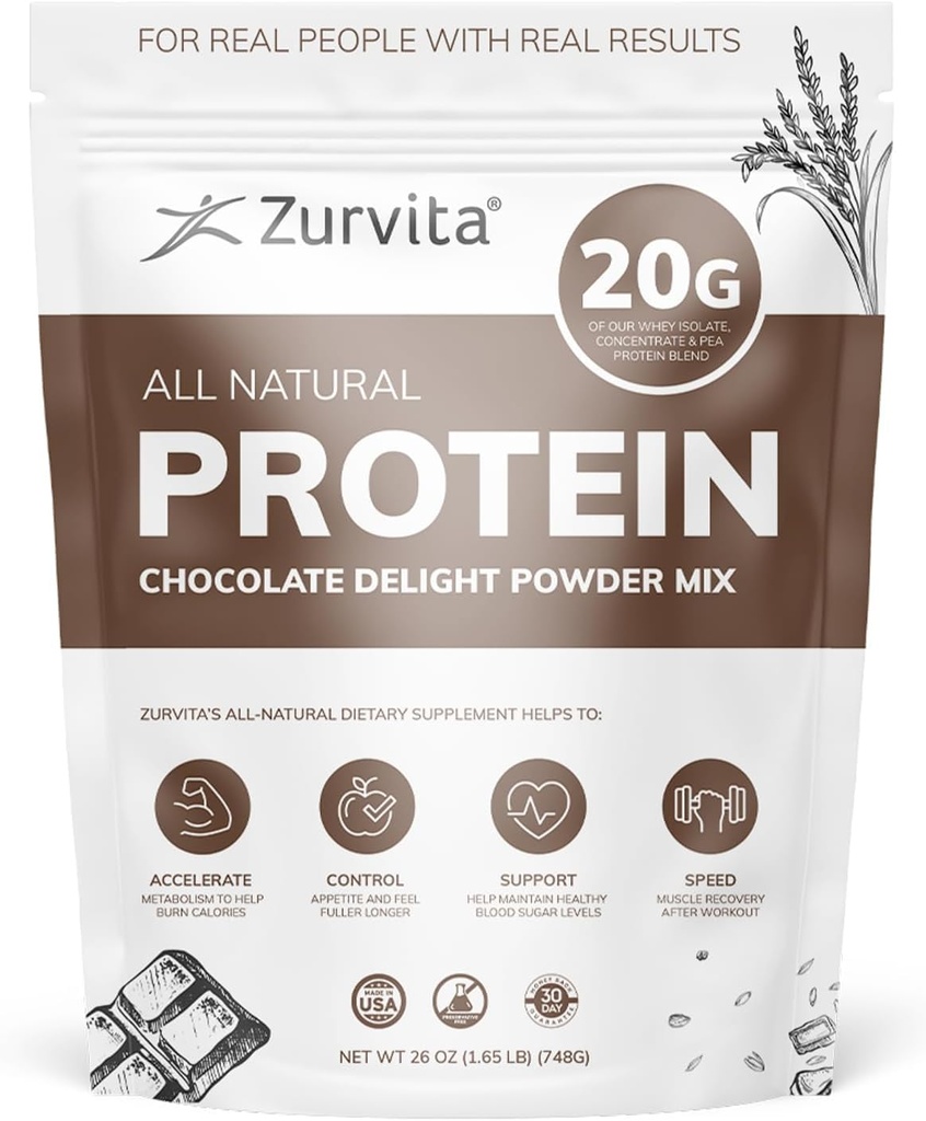 Zurvita - Chocolate Delight Protein Powder - 20g Πρωτεΐνη, Προβιοτικά, 24+ Βιταμίνες και Ορυκτά - Χωρίς Τεχνητά γλυκαντικά - 26oz (20 μερίδες)