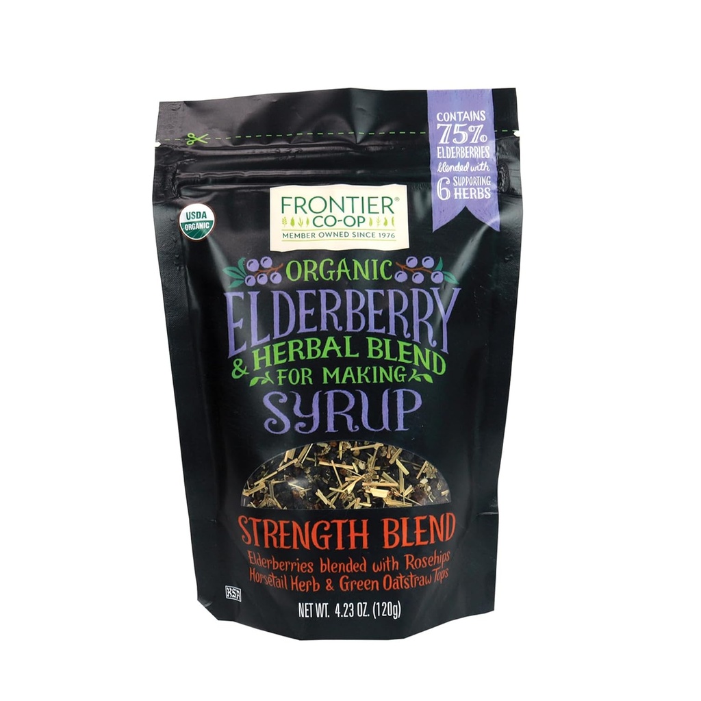 Frontier Co-op Organic Elderberry, 4.23 Ounce Bag | Dried Elderberries for Preparing Syrup | Kosher | Perfect for Tea and Herbal Blends