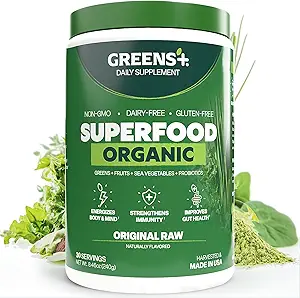 Πράσινοι+ Βιολογικά RAW Superfood Powder, Super Blend Immune Support, Morning Kick, Energy Boost, Nutrition Vibrant Health, Dietary Supplement, Vegan Soy/Dairy/Gluten Free(8.46oz)
