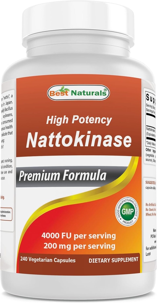 Best Naturals Υψηλή ισχύς Nattokinase 4000 FU ανά υπηρεσία / 200 mg ανά υπηρεσία, 240 κάψουλες Vegetarain. Χωρίς γλουτένη.