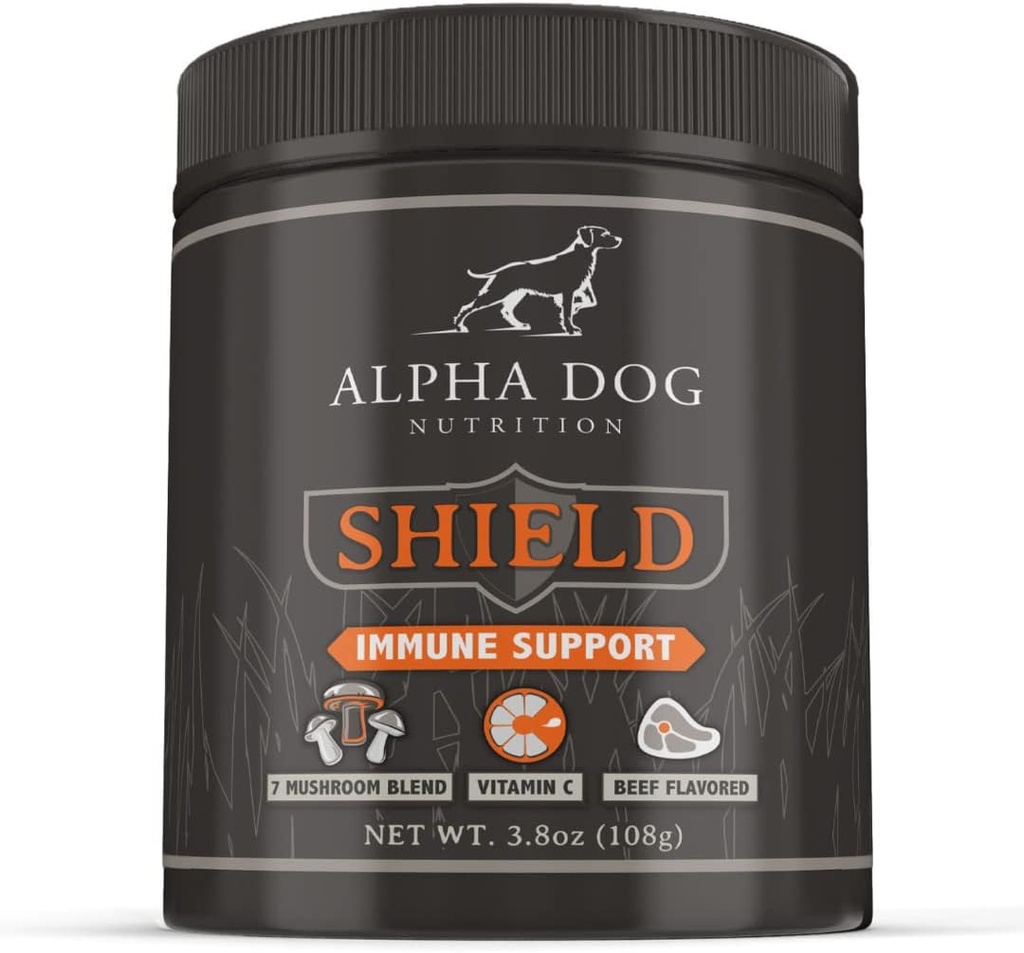 Shield Allergy Immune Support Supplement for Dogs by Alpha Dog Nutrition - 7 Nutritional Mushroom Powder Complex + Vitamin C to Boost Immunity - Up to 120 Servings for Small Breed Dogs, 108g