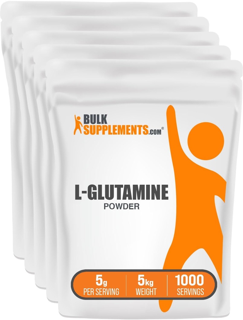 BulkSupplements.com L-Glutamine Powder - Συμπλήρωμα γλουταμίνης, για την Ανάκτηση & Υγεία των Ούλων - Χωρίς γλουτένη, 5g (5000mg) ανά Σερβίρισμα, 1kg (Pack of 5) (11 lbs)