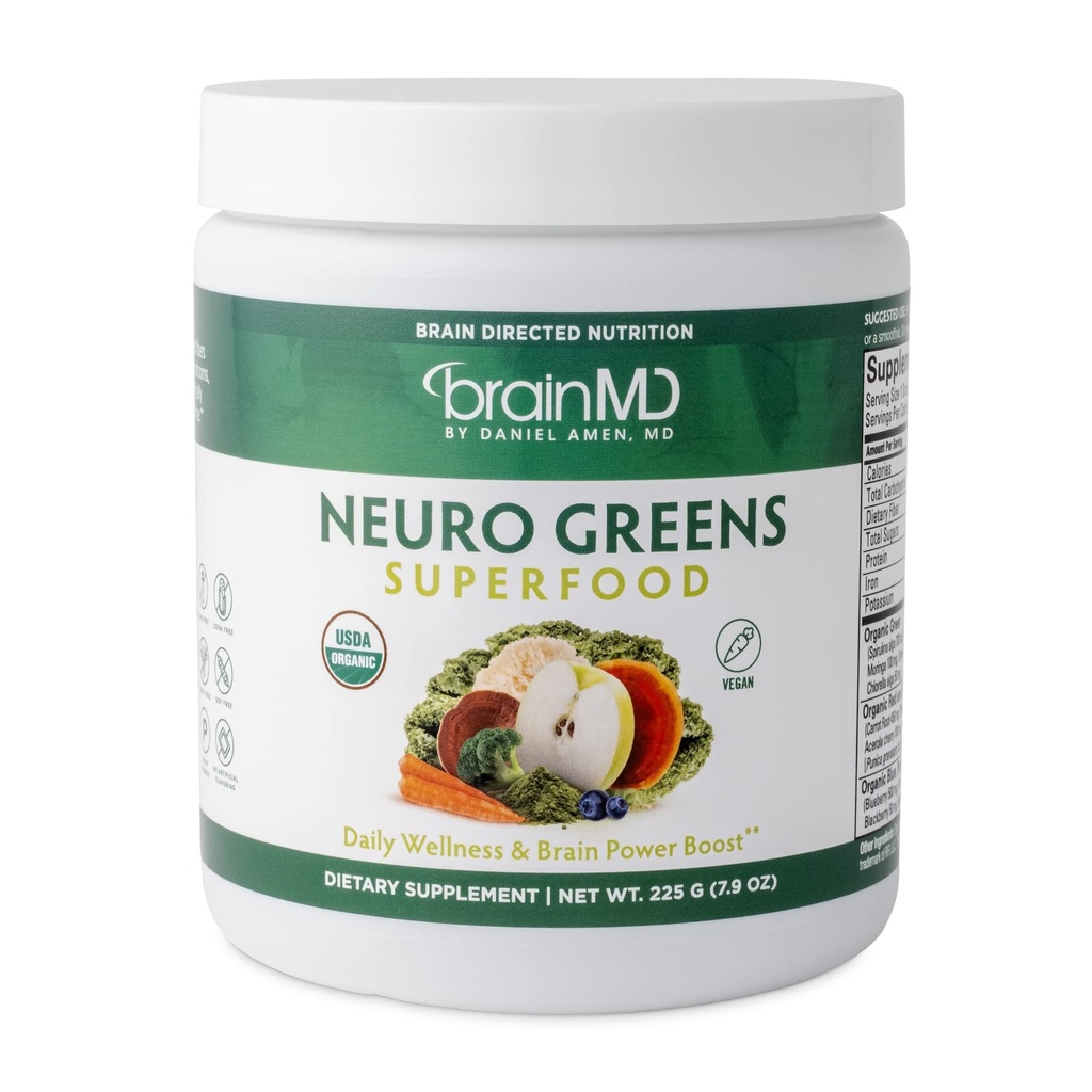 BRAINMD Dr Amen Neuro Greens Superfood - 7,9 oz - Υποστηρίζει Wellness, Digestion + Ανοσοποιητικό & Εγκεφαλική Υγεία - Χωρίς γλουτένη - 30 Υπηρεσίες