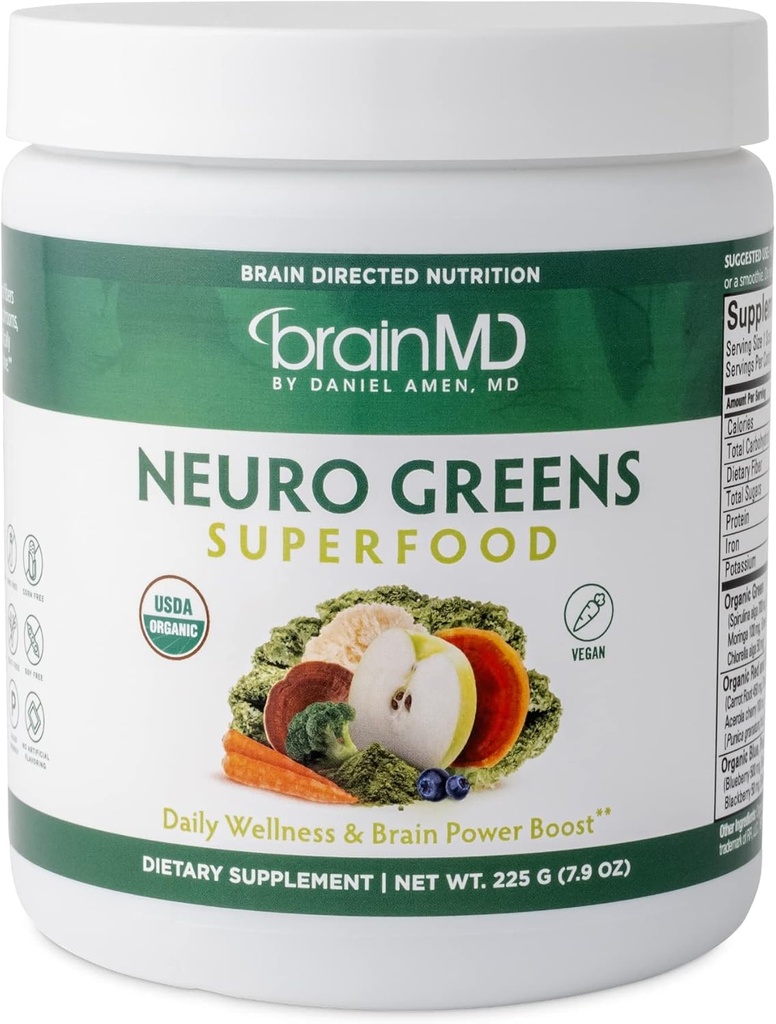 BRAINMD Dr Amen Neuro Greens Superfood - 7.9 oz - Supports Whole-Body Wellness, Digestion + Immune & Brain Health - Gluten Free - 30 Servings