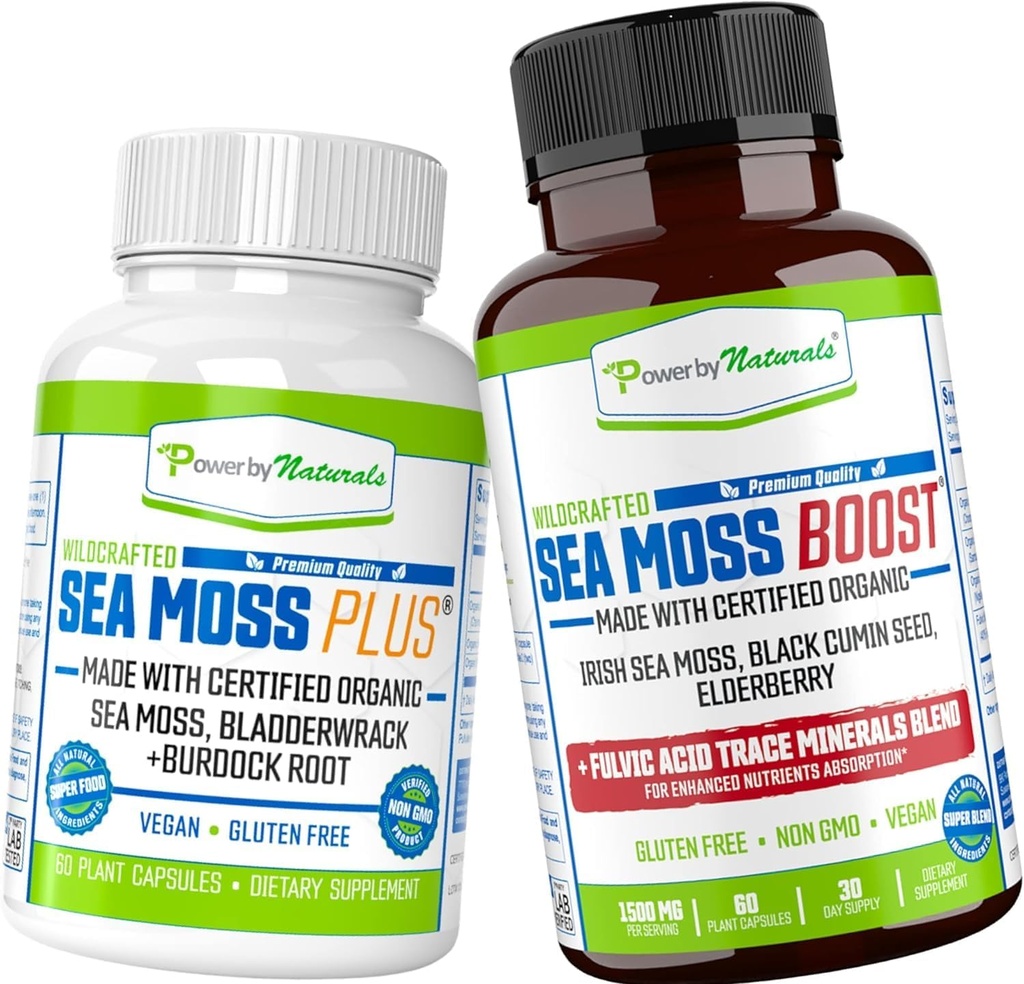 Power By Naturals Certified Organic Sea Moss Capses Bundle (SeaMoss Plus & Sea Moss Boost) - άγρια, μη ΓΤΟ θάλασσα Μος ακατέργαστο Βιολογικό - 60 χάπια χωρίς γλουτένη