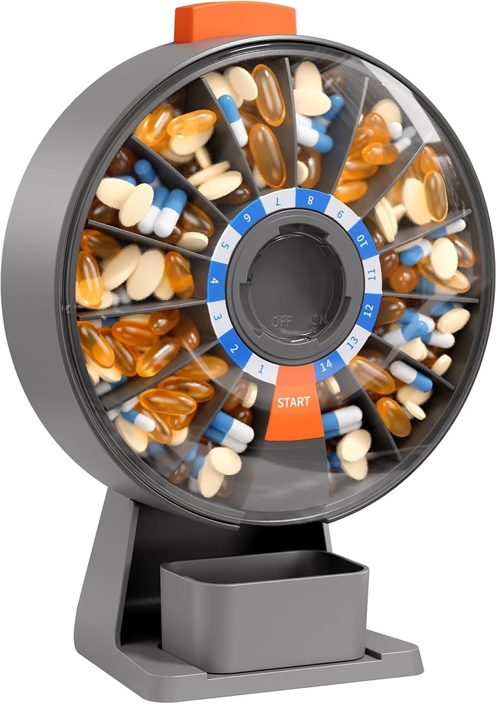 Daviky Pill Dispenser Καθημερινά, Μεγάλος Διοργανωτής Χάπια με Wall-Mounted ή Μόνιμη Χρήση, 14 Days Pill Container, Push Buton Design, Εβδομαδιαίο κουτί Χάπια για Βιταμίνη, Ιατρική, Συμπλήρωμα, Fish Oil (Gray)