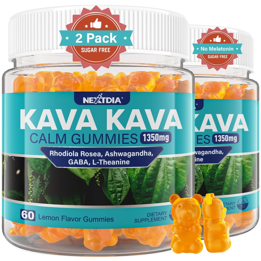 2Pack Kava Kava Gummies, Sugar Free Calm Gummies w/Rhodiola Rosea, Ashwagandha, L-Theanine, GABA, Melatonin-Free Kava Blend for Relaxation, Calm and Focus - Alternative to Kava Powder Capsules, Vegan