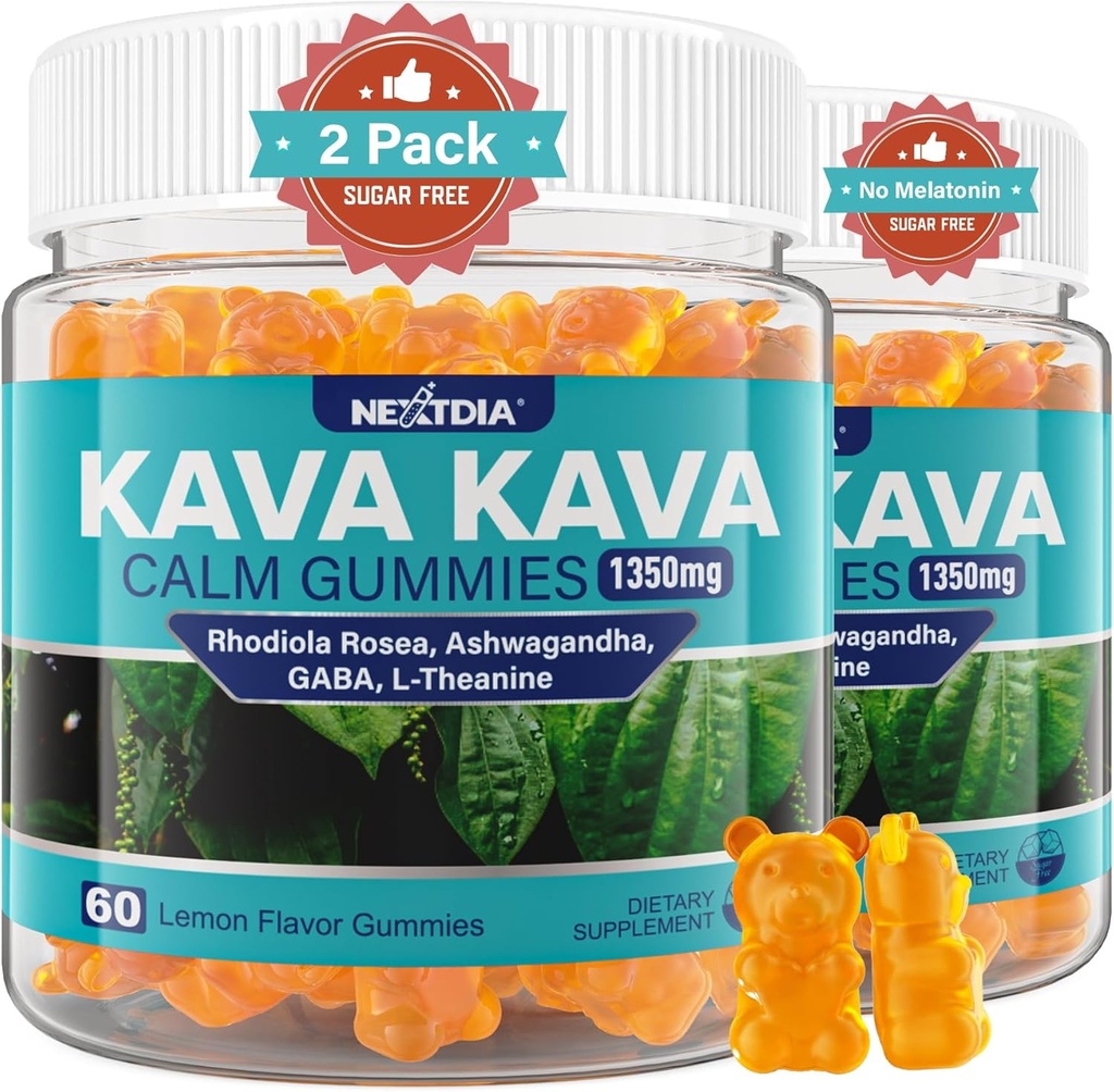 Kava Kava Gummies, Sugar Free Calm Gummies w/Rhodiola Rosea, Ashwagandha, L-Θεανίνη, GABA, Kava χωρίς μελατονίνη Blend για χαλάρωση, ηρεμία και εστίαση - Εναλλακτική για κάψουλες Kava σκόνης, Vegan 120 Ct