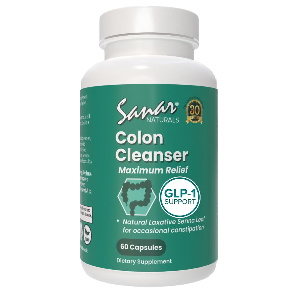 Sanar Naturals Colon Cleanser Max Relief - Senna Leaf Soft Laxative - Υποστήριξη GLP-1 - Υποστηρίζει Detox Cleanse και Gut Health, συμπλήρωμα υποστήριξης Digestive για γυναίκες & άνδρες, 60 κάψουλες