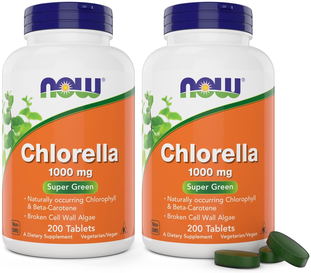 Τώρα Chlorella 1000mg Tablets - 200 Count (Pack of 2) - Φυσικό Occuring Chlorophyl, Beta- Carotene - Μη- ΓΤΟ, Vegan - Πράσινο συμπλήρωμα διατροφής για γυναίκες και άνδρες