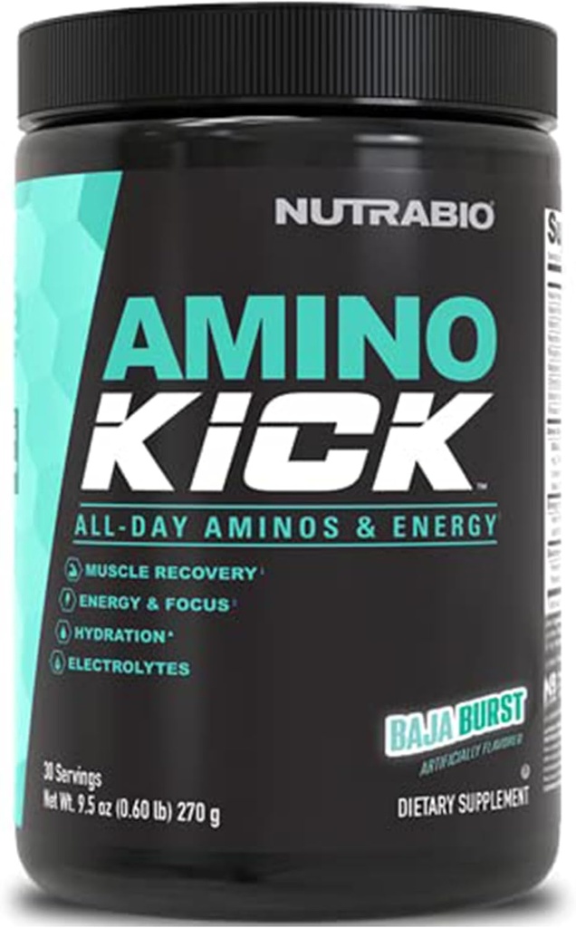 NutraBio Amino Kick – BCAA σκόνη με φυσική καφεΐνη – Amino Acids συμπλήρωμα για την ενέργεια, την ενυδάτωση και την ανάκτηση – BCAAs, ηλεκτρολύτες & αμινοξέα – Baja Burst, 30 εξυπηρετούν