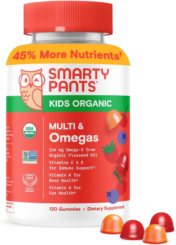 SmartyPants Organic Kids Multivitamin Gummies: Ωμέγα 3 (ALA), Βιταμίνη D3, C, Βιταμίνη B12, B6, A, K & Ψευδάργυρος για την υποστήριξη του ανοσοποιητικού, Βιοτίνη, Χορτοφαγικά, Τρία Fruit Flavors, 120 Count (30 Day Supply)