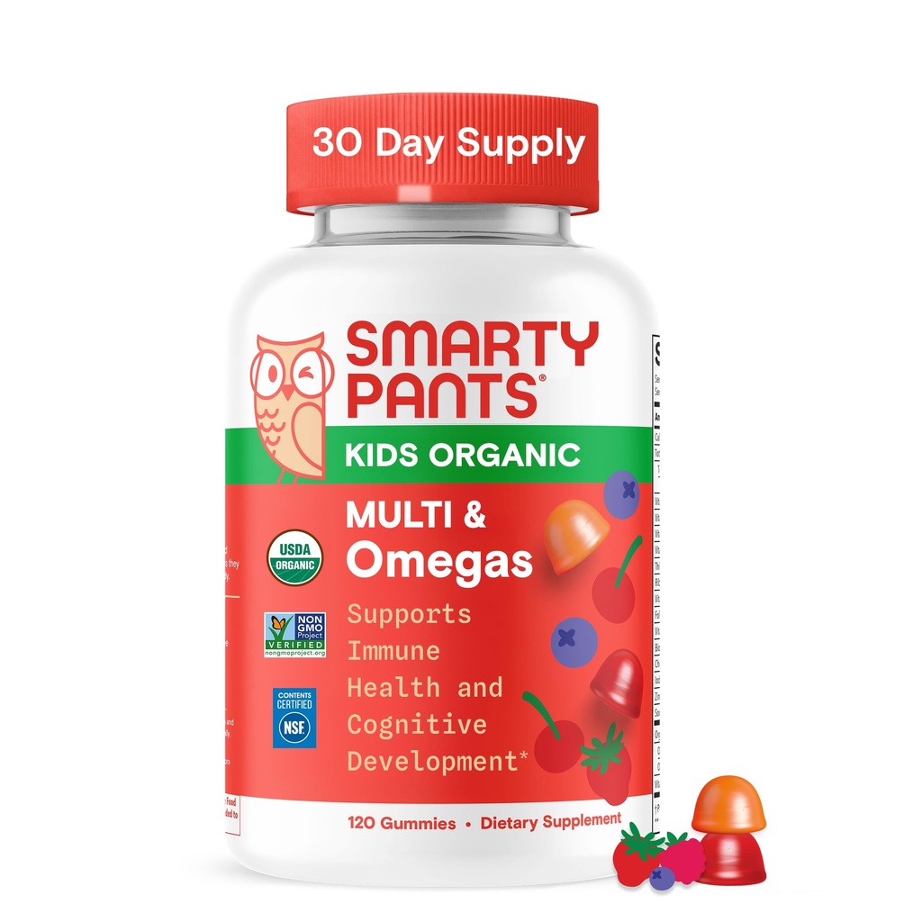 SmartyPants Organic Kids Multivitamin Gummies: Ωμέγα 3 (ALA), Βιταμίνη D3, C, Βιταμίνη B12, B6, A, K & Ψευδάργυρος για την υποστήριξη του ανοσοποιητικού, Βιοτίνη, Χορτοφαγικά, Τρία Fruit Flavors, 120 Count (30 Day Supply)