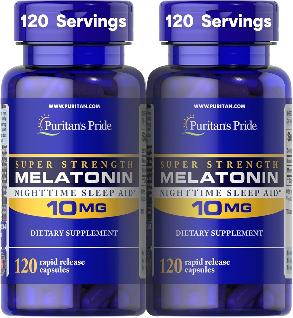 Puritan's Pride Premium Super Strength Melatonin 10mg Sleep Aid, Συμπλήρωμα διατροφής για τον ήχο, την ηρεμία, & τη μεγαλύτερη υποστήριξη ύπνου, 4 μήνες προσφοράς, 120 κάψουλες ταχείας απελευθέρωσης, 2 Pack (Packaging May Vary)